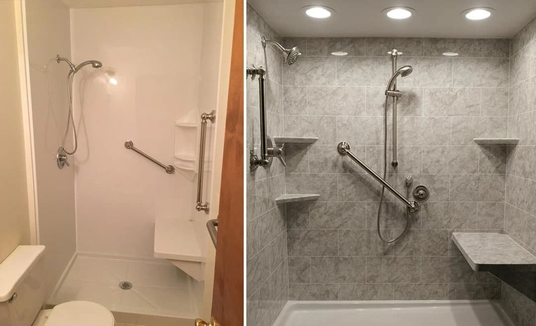 A shower before and after: an old hobbed white cubicle, then a level-access grey shower with grab rails and a seat