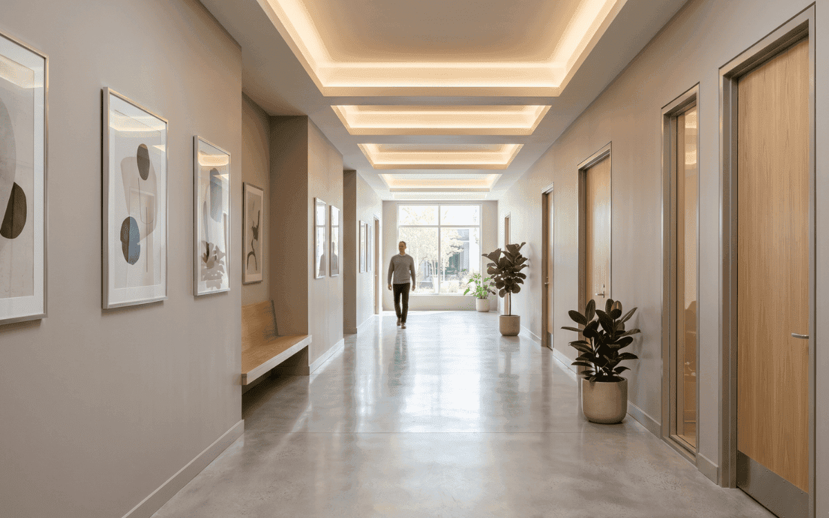 A wide, uncluttered hallway with a level floor and doorways off both sides, and a person walking at the far end