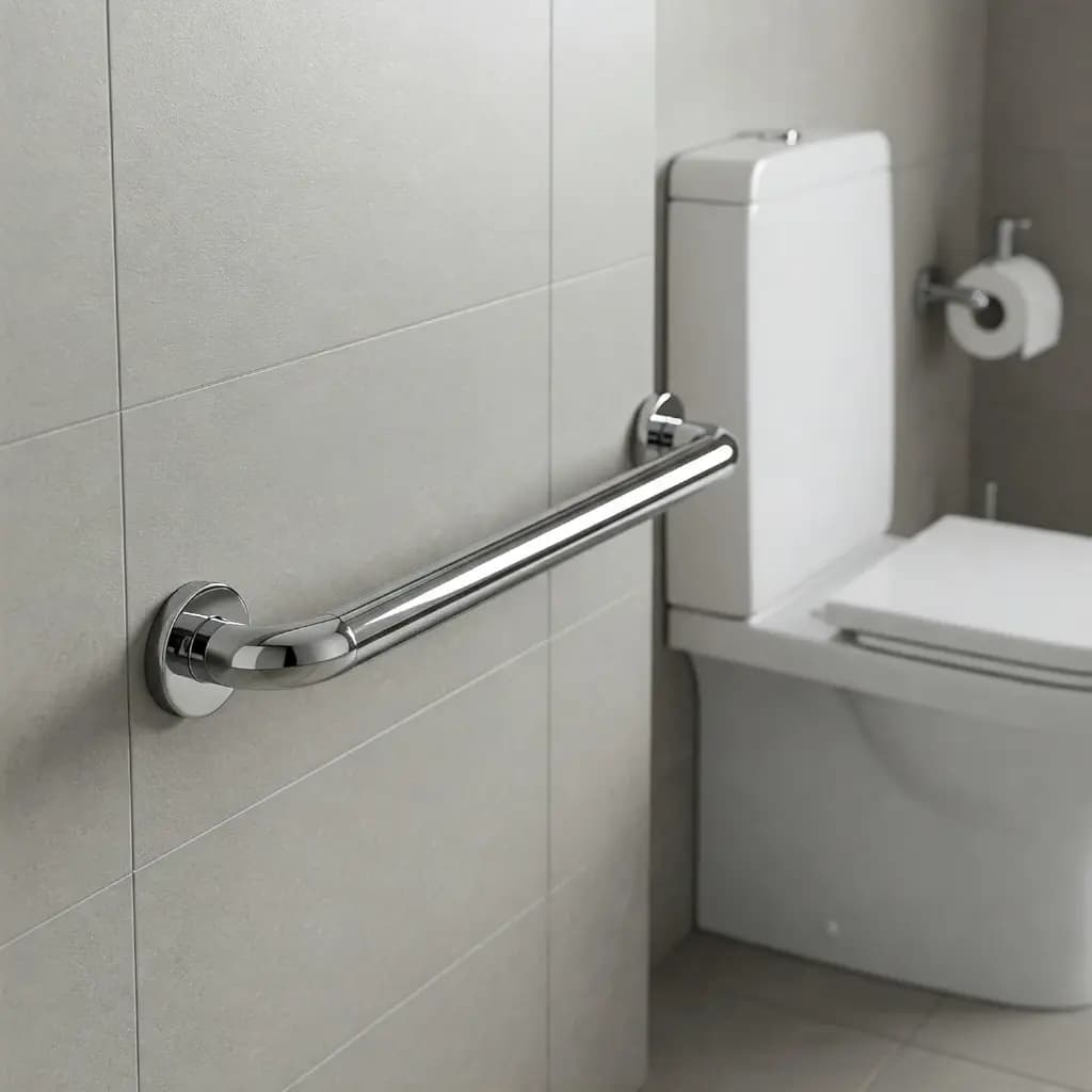A polished chrome grab rail fixed to a grey tiled wall beside a wall-hung toilet and paper holder