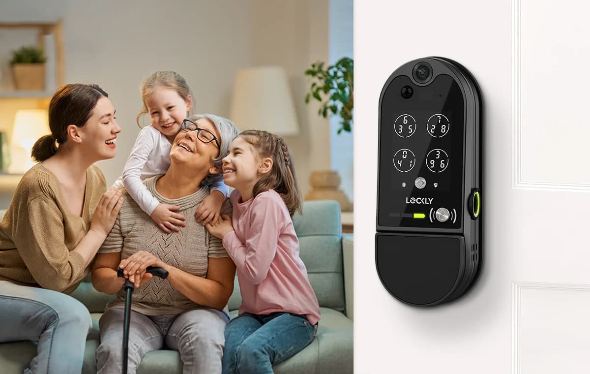 A family sitting together on a sofa beside a close-up of a black smart lock and video doorbell unit