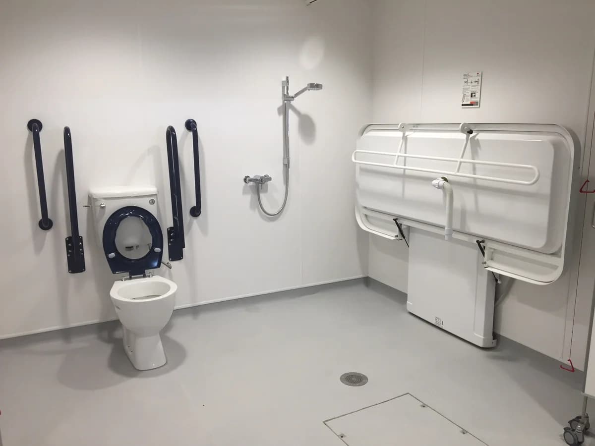 An accessible toilet in a tiled bathroom with black grab rails fixed to the wall alongside it