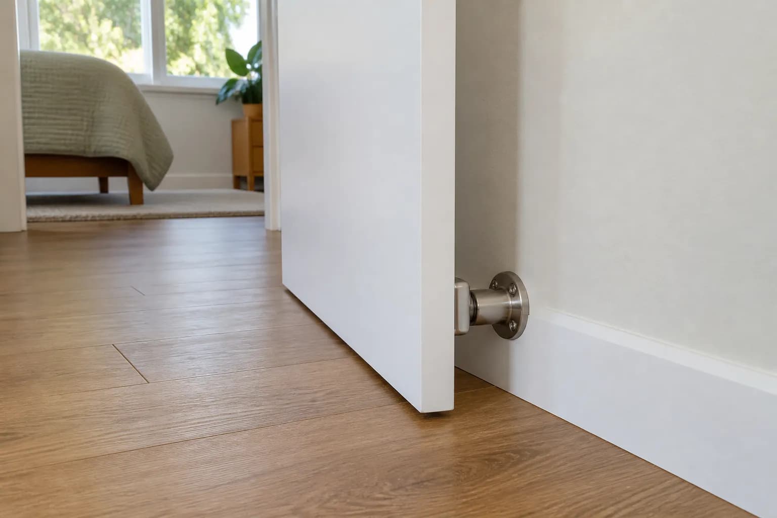 A stainless magnetic catch on the skirting board holding a white door open over a timber floor