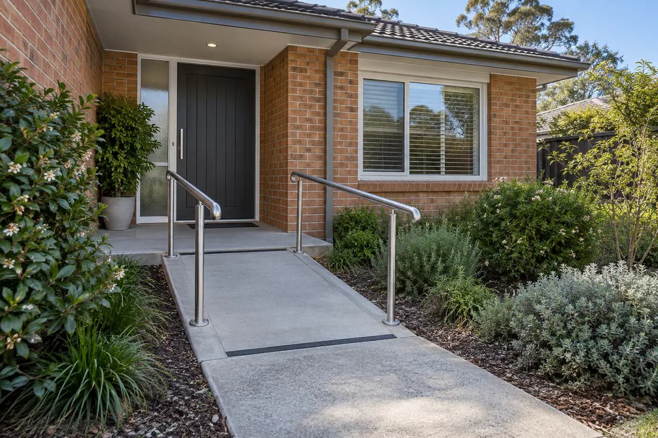 A gentle concrete ramp with stainless handrails on both sides leading to the front door of a brick house