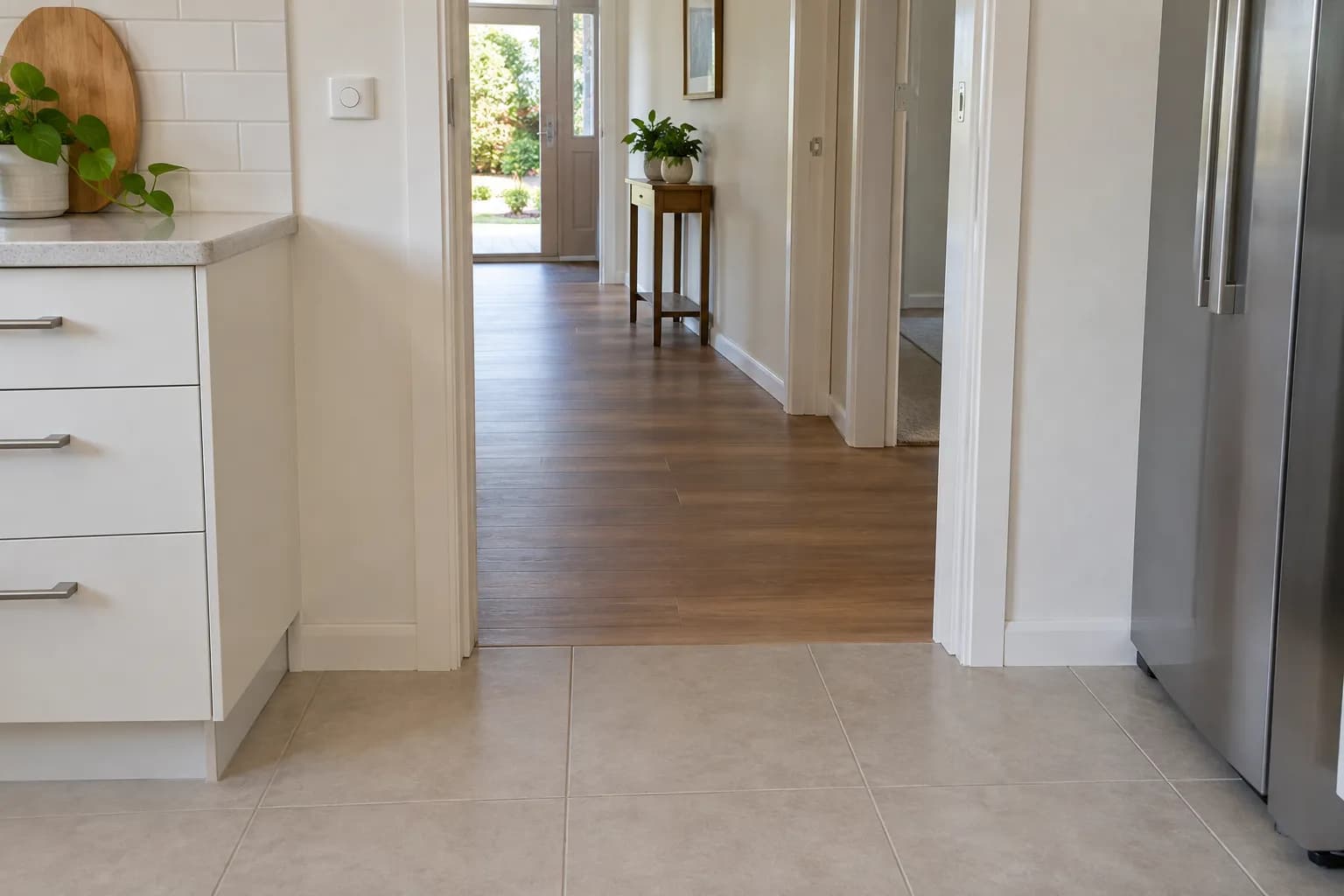Kitchen floor tiles meeting timber-look hallway flooring at the same level in a doorway