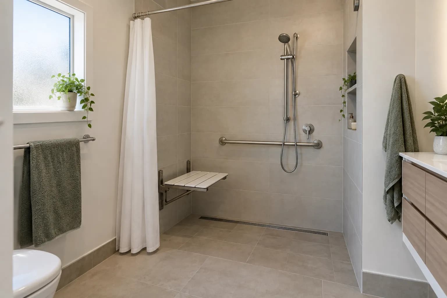 A walk-in shower with a fold-down seat, a grab rail, a handheld shower, and a curtain drawn back