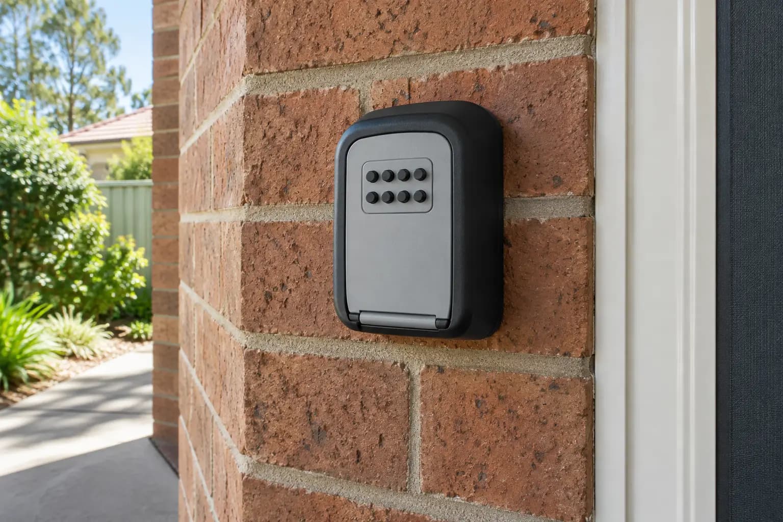 Close-up of a black and grey push-button key safe mounted on a brick wall