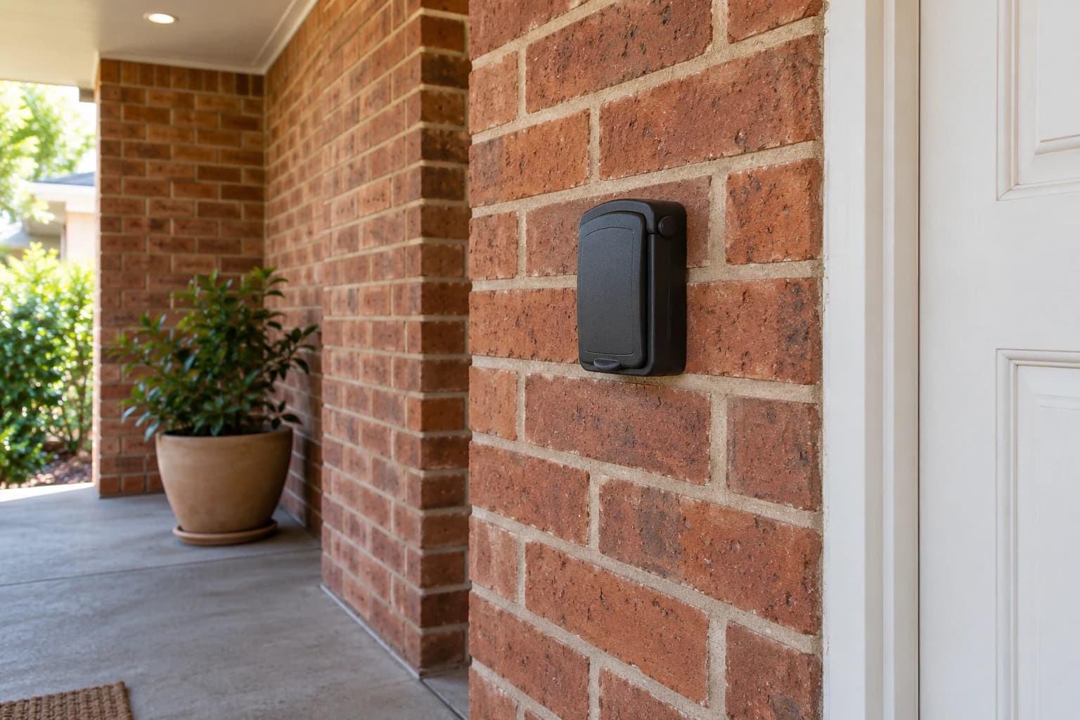 A compact black key safe with its weather cover closed, mounted on a solid brick wall inside a sheltered porch