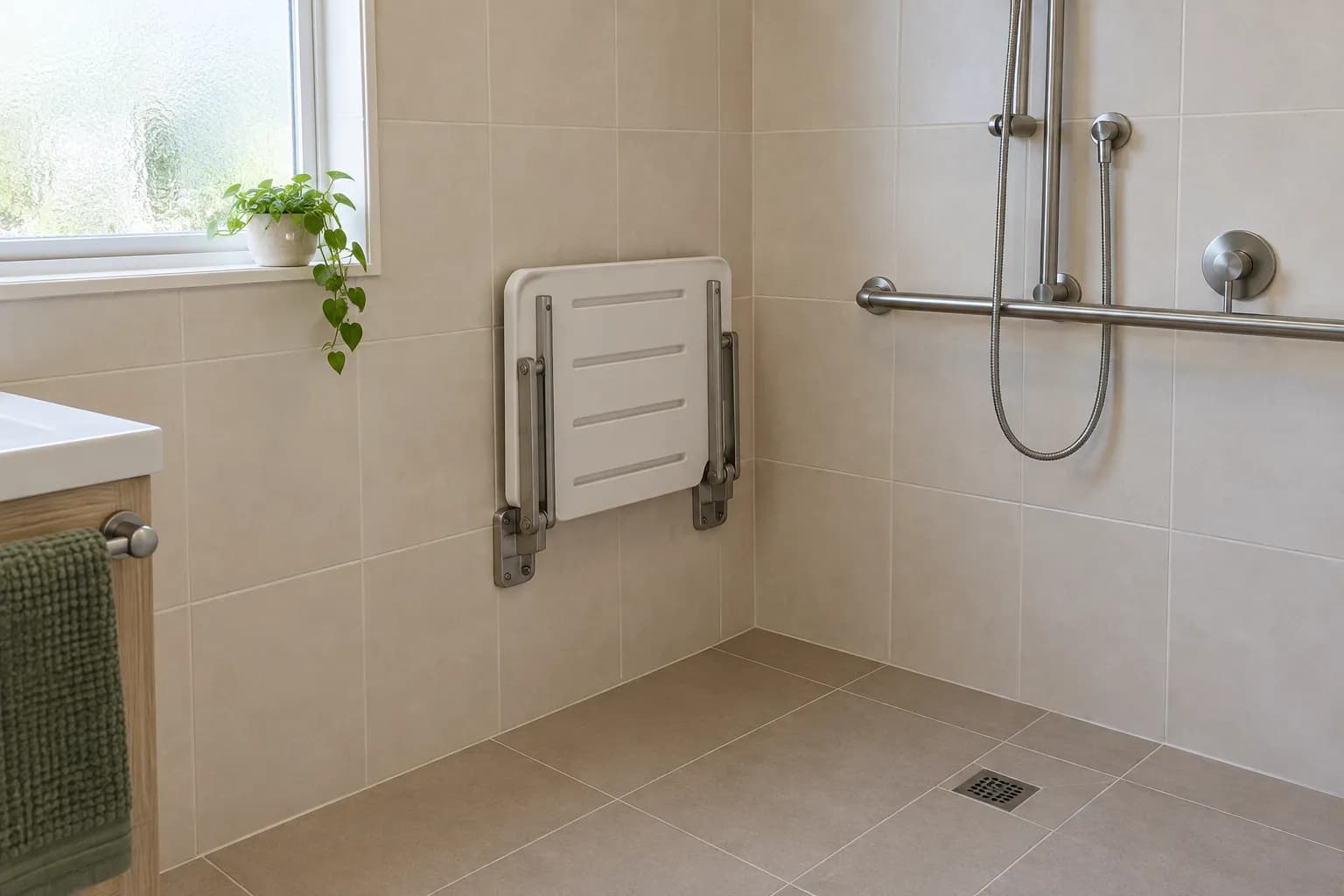 A white fold-down shower seat folded up flat against a tiled shower wall beside a grab rail and hand shower
