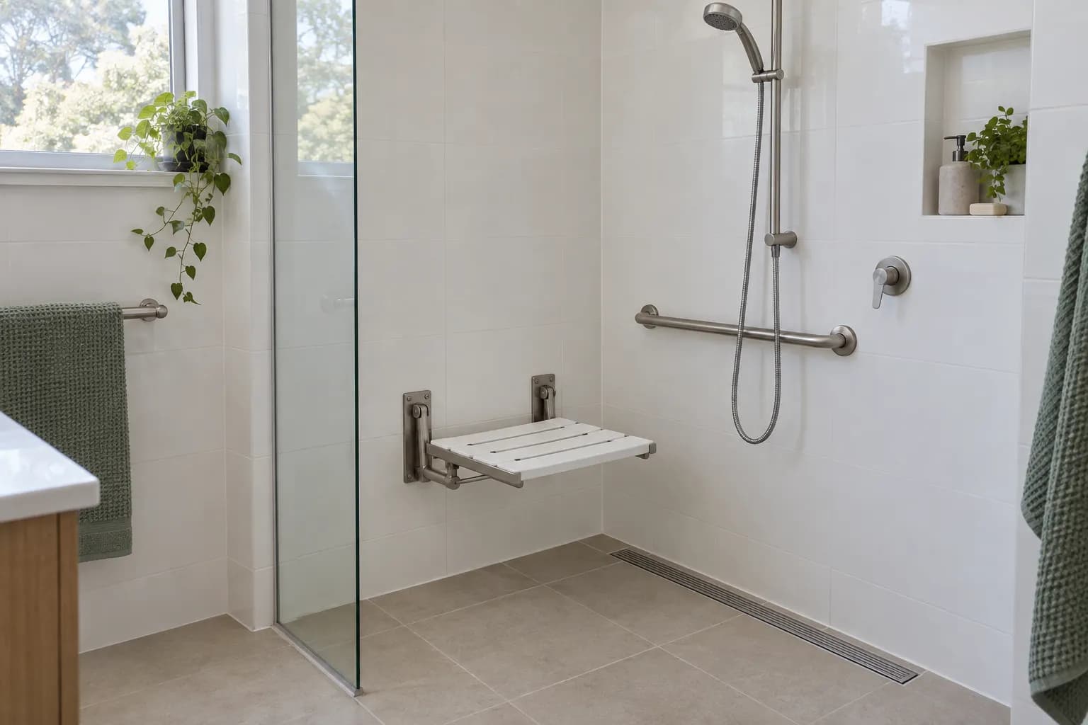 A white slatted fold-down shower seat lowered from the tiled wall of a walk-in shower beside a grab rail
