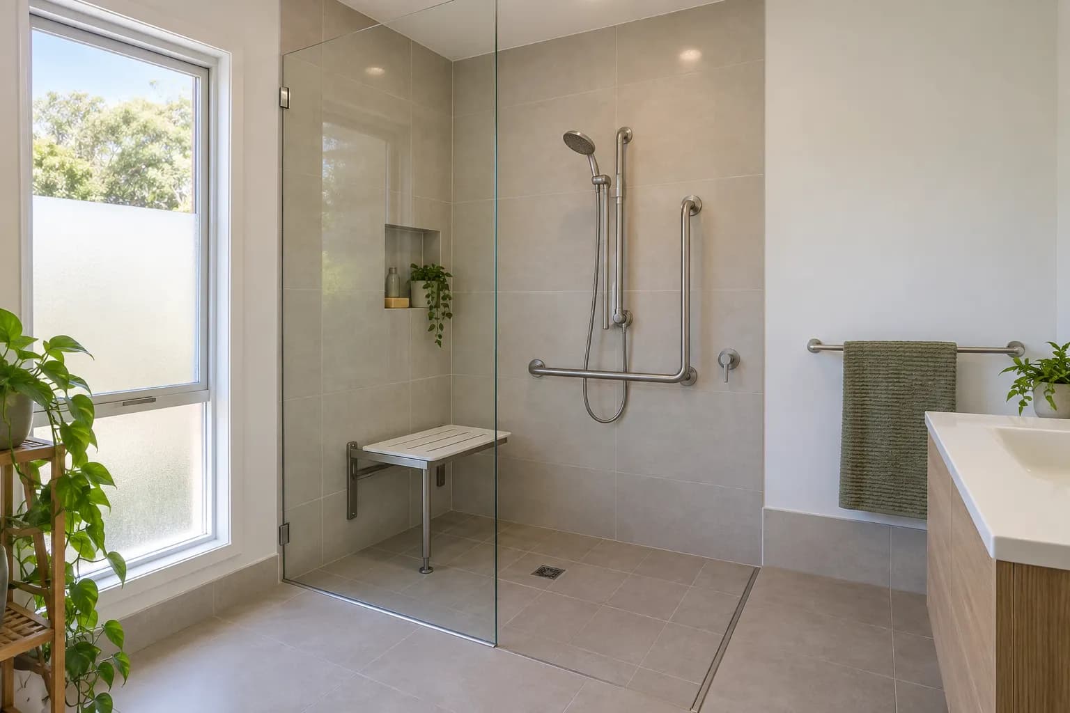 A walk-in shower behind a glass panel with a fold-down seat, an L-shaped grab rail, and a handheld shower