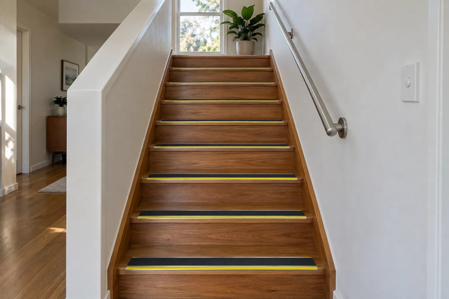 A straight flight of timber stairs with a black grit nosing and yellow edge on every tread, and a wall handrail
