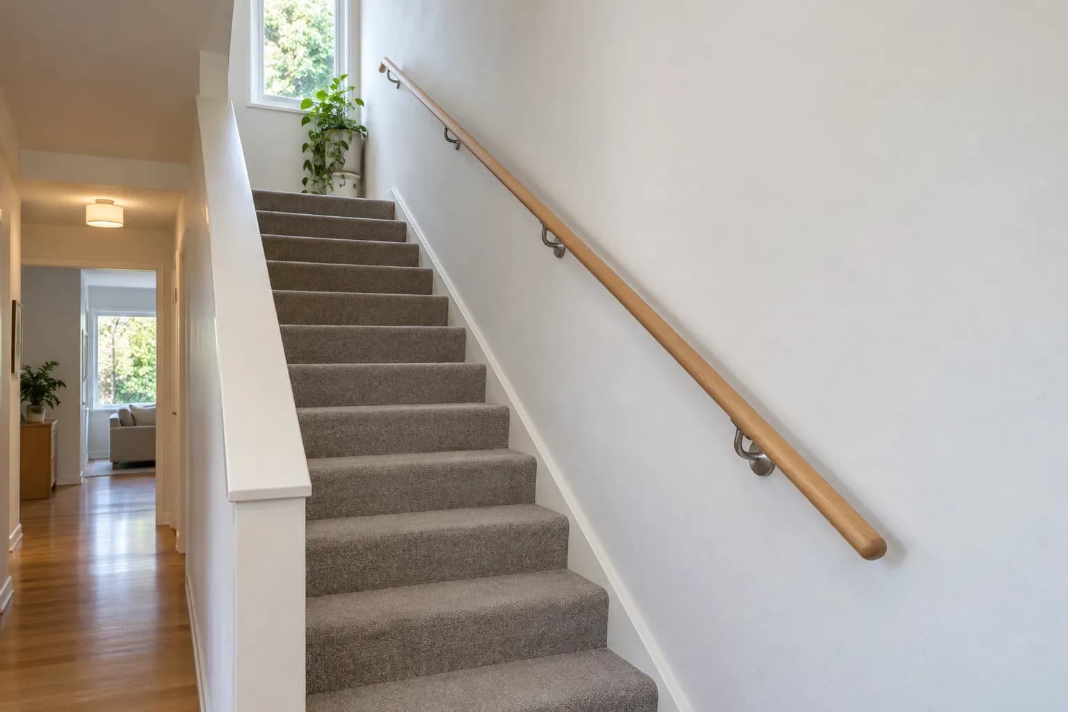 A rounded light timber handrail on stainless brackets along a white wall beside a carpeted staircase