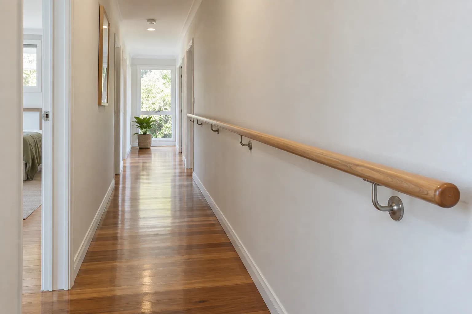A rounded timber handrail on stainless brackets running along the wall of a long hallway