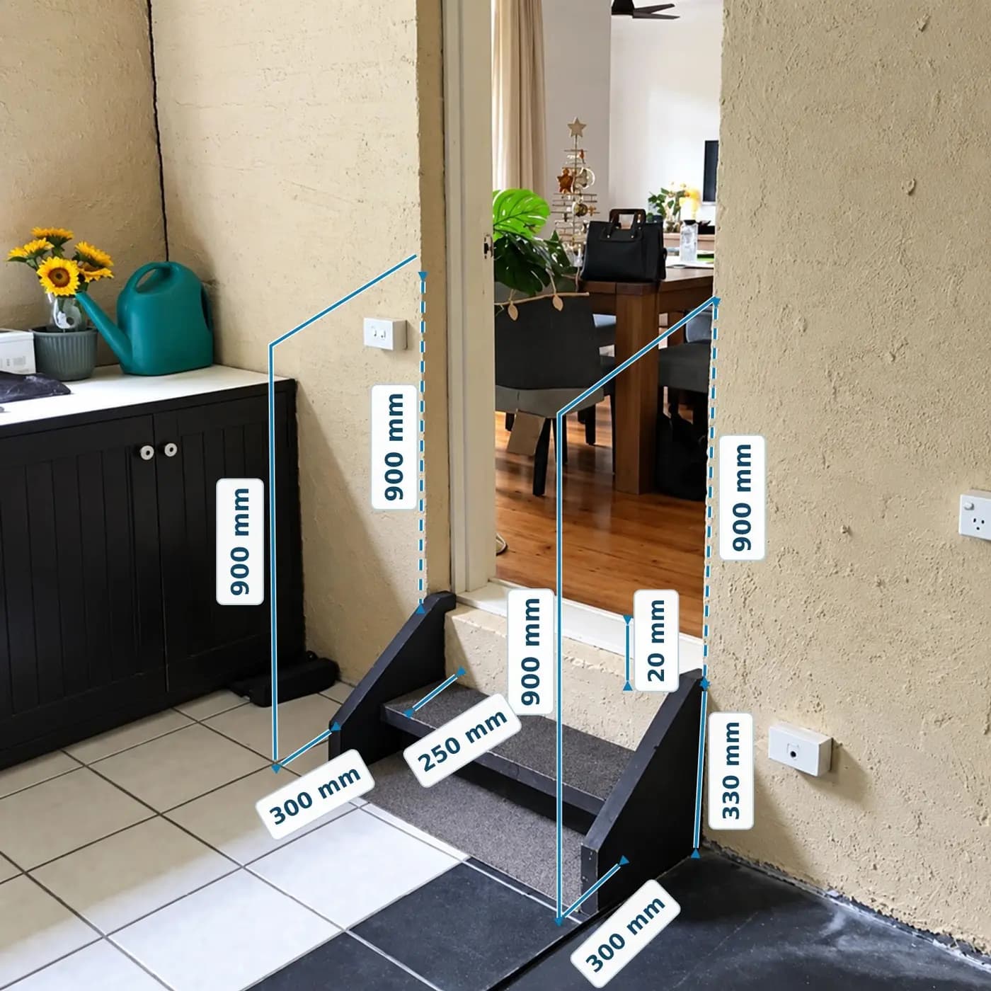 Before: timber steps at an internal doorway, marked up with 900 mm handrail heights on both sides and the depth and height of each step