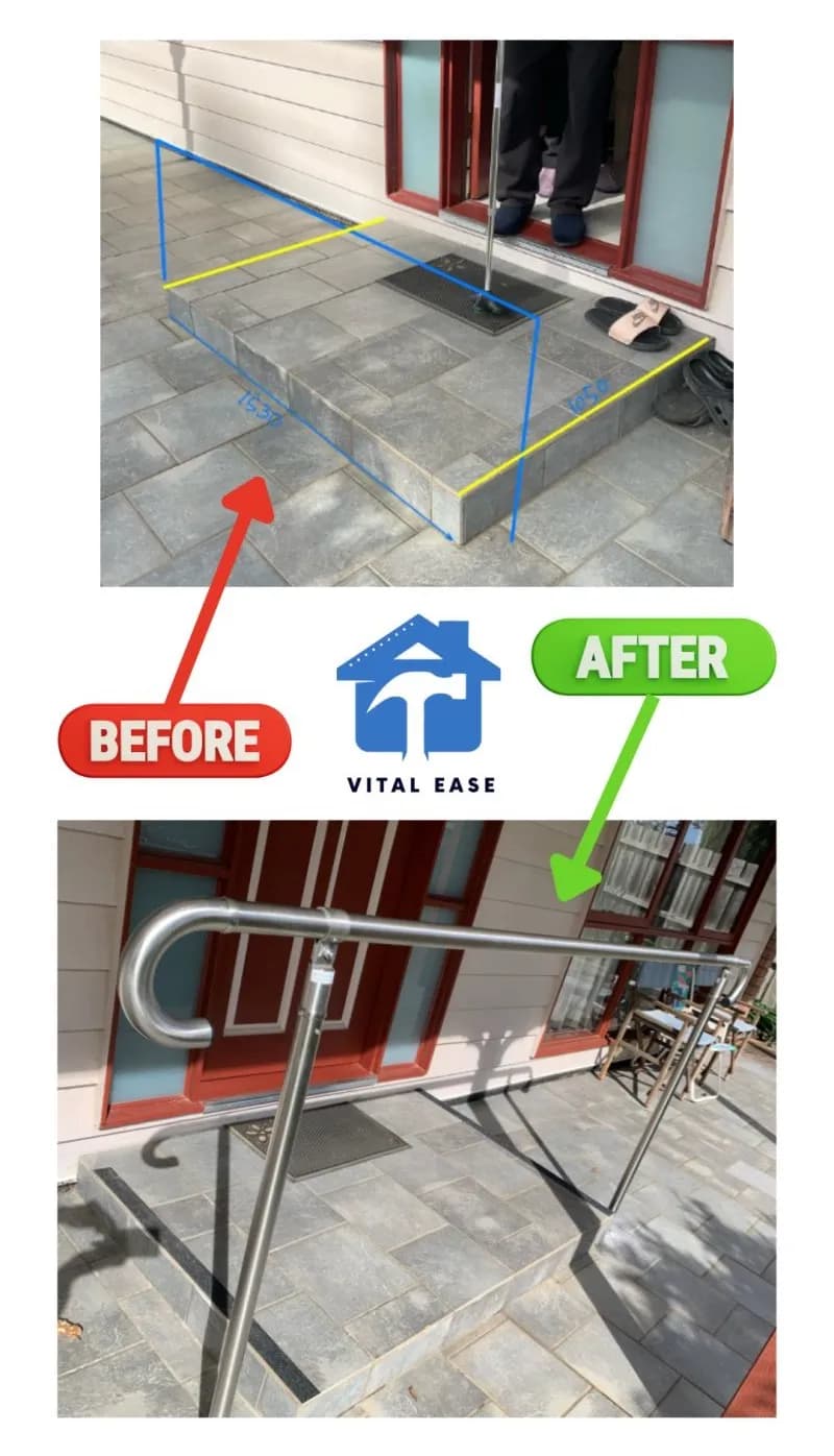 Before and after: a paved entry step measured with tape, then the same step with a stainless steel handrail alongside