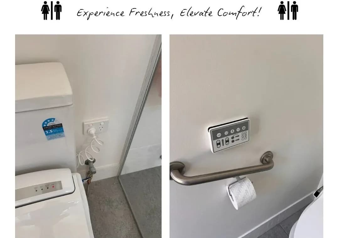 Before and after: a standard toilet, then the same space with grab rails and an accessible pan