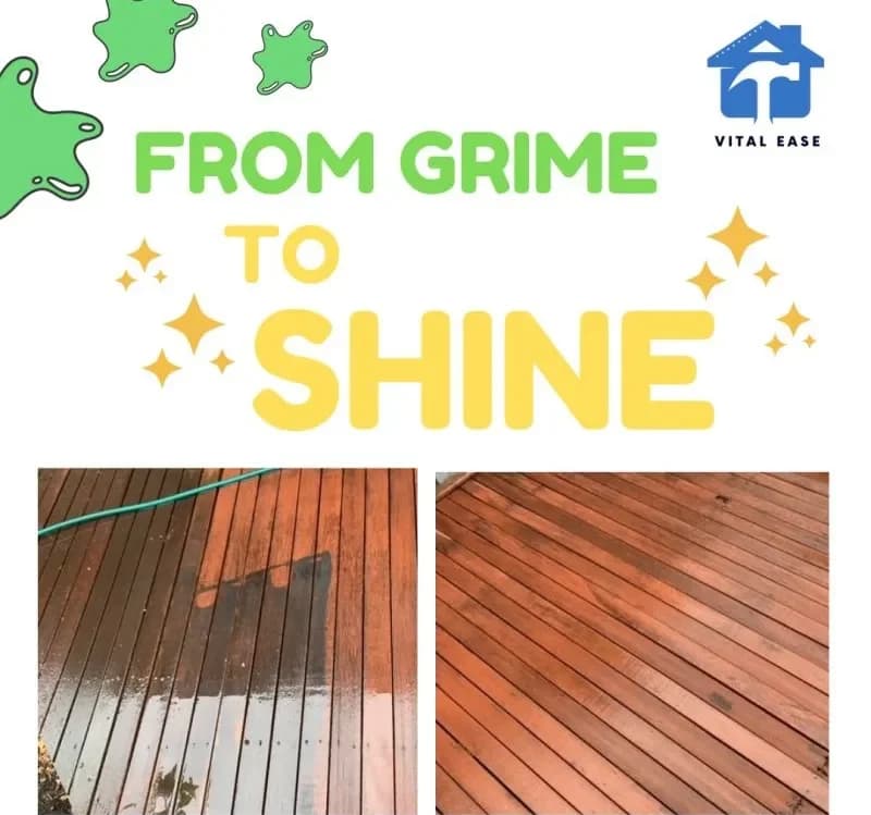 A timber deck before and after restoration: weathered and grey, then cleaned and re-oiled