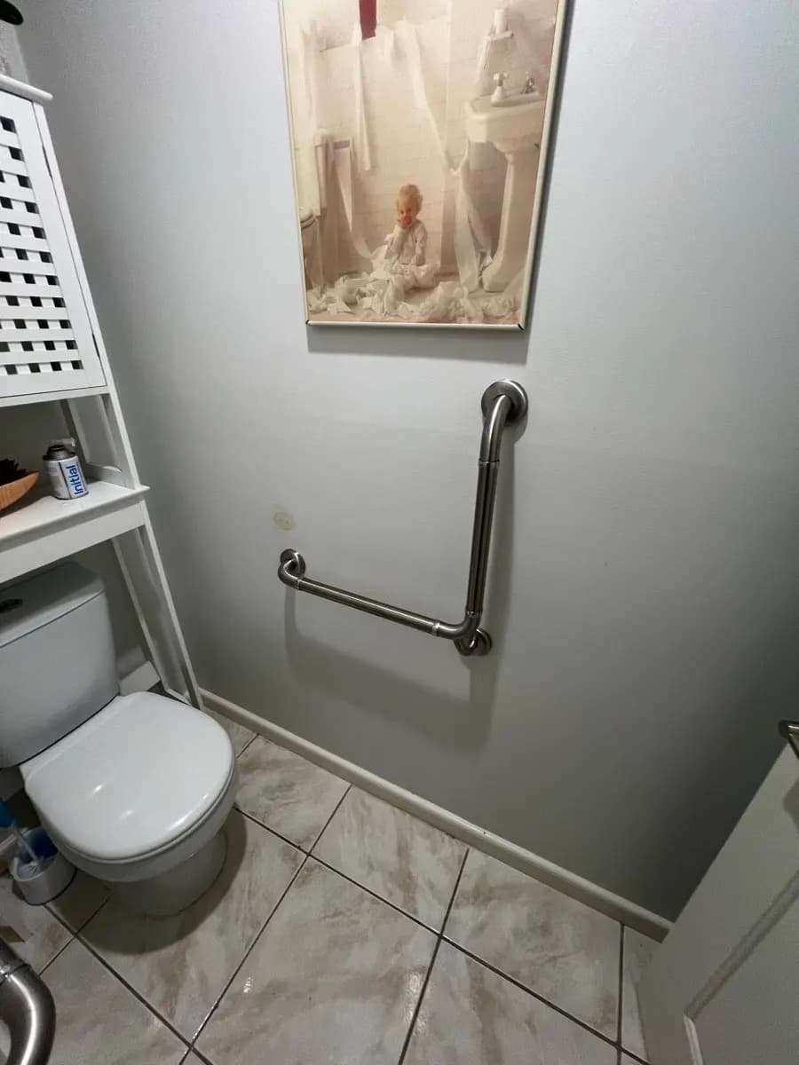 A stainless angled grab rail on the wall beside a toilet, with a second rail on the wall opposite