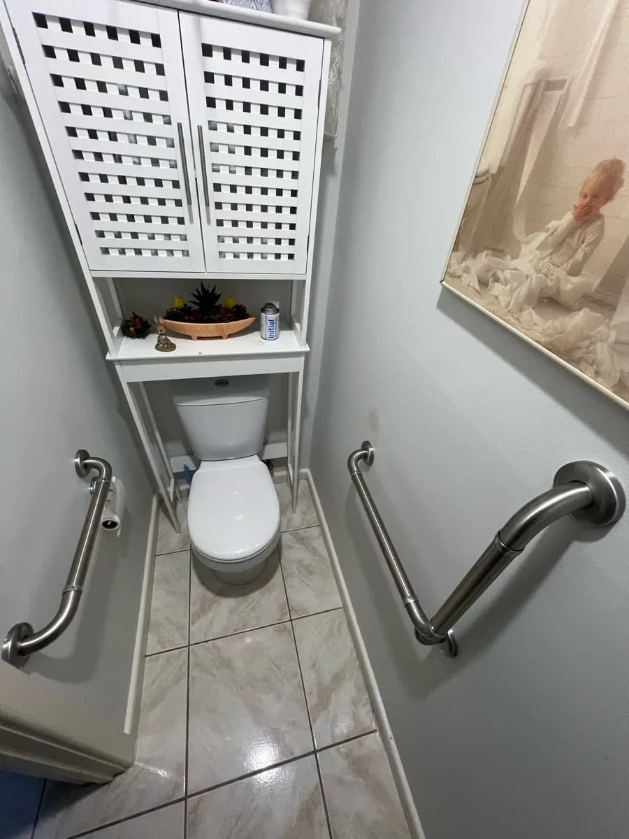 A narrow toilet with a stainless grab rail on each wall: one vertical, the other angled towards the pan