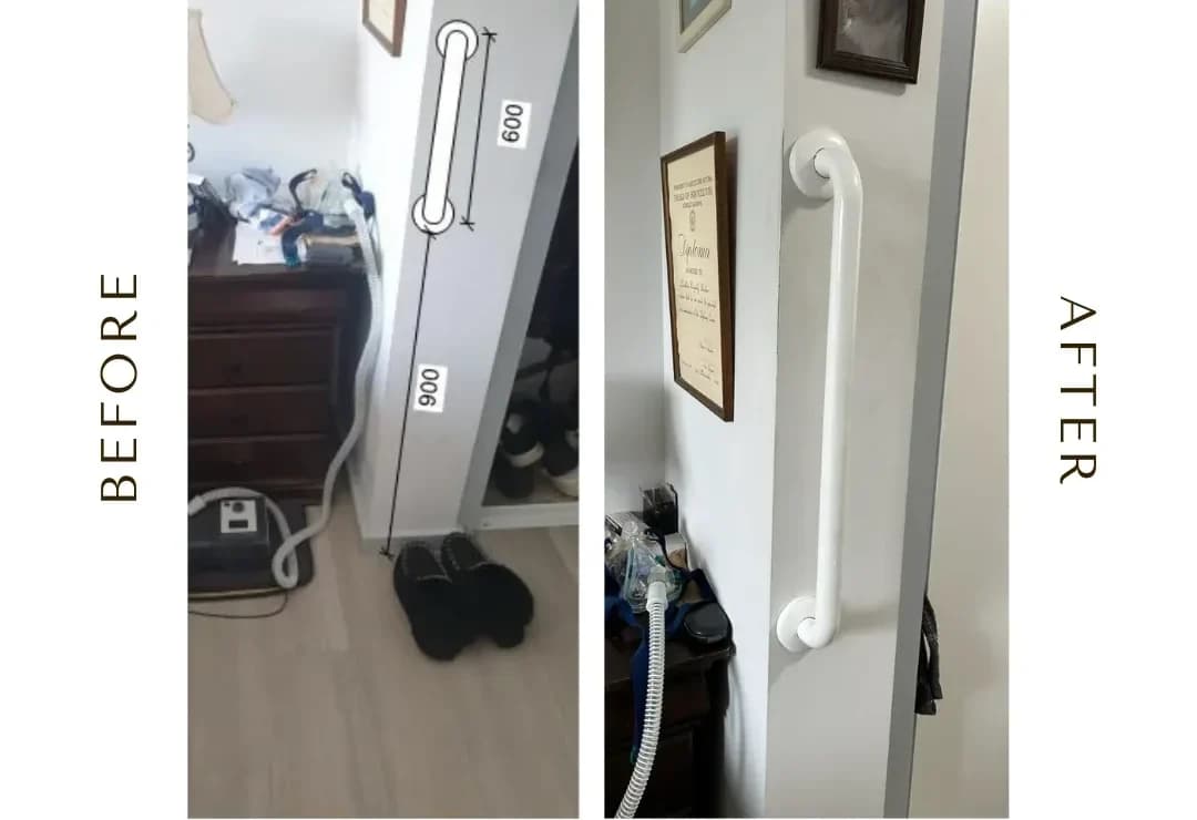 Before and after: a hallway wall marked at 600 and 800 millimetres, then the same wall with a white grab rail fitted
