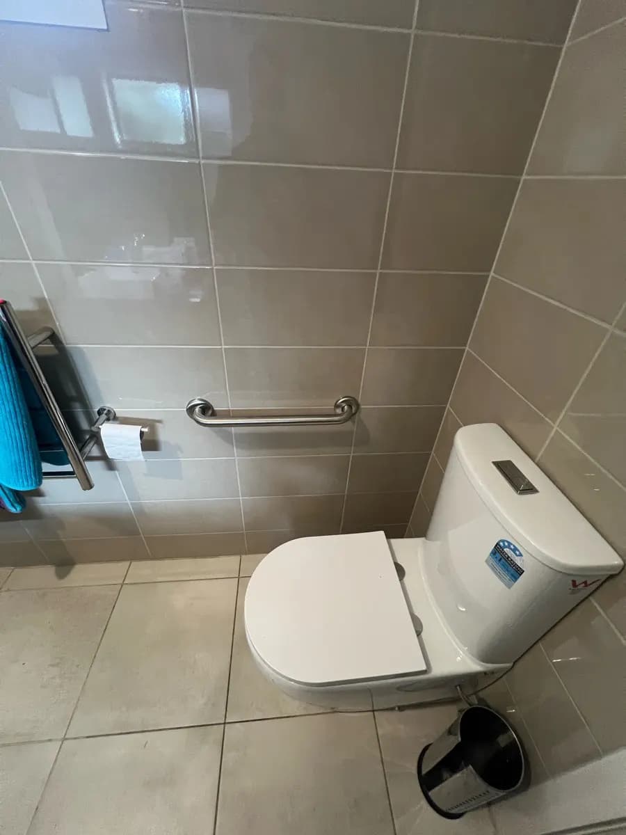A stainless horizontal grab rail on a grey tiled wall beside a toilet, with a towel rail behind it
