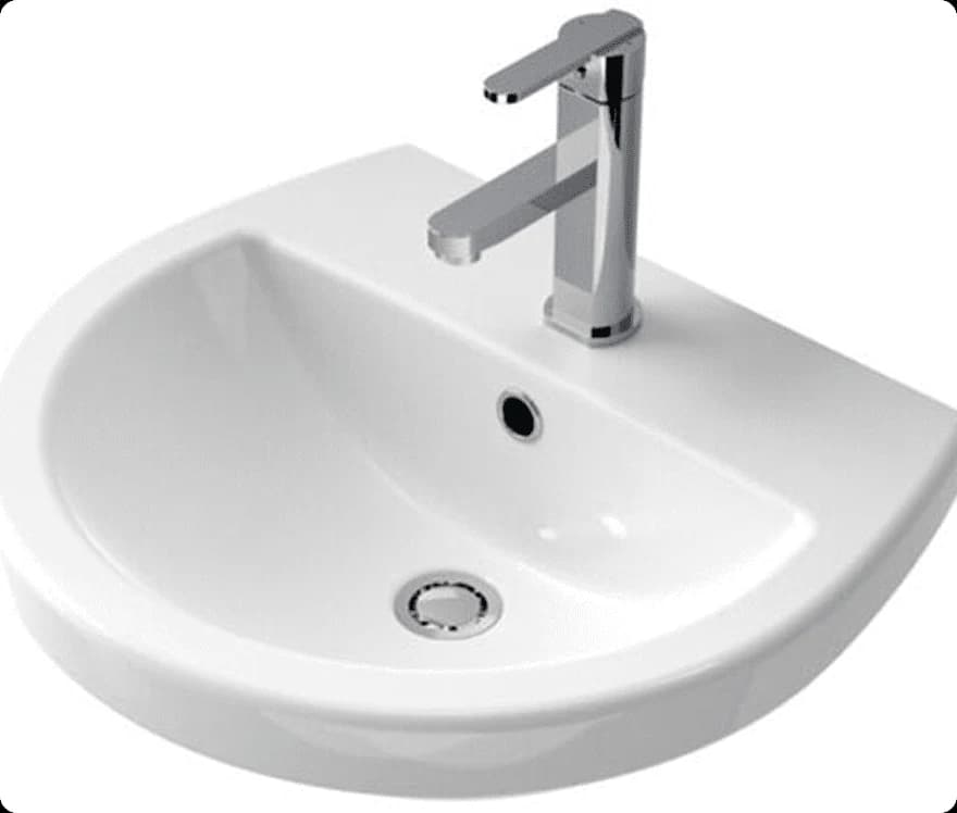 A round white wall-hung basin with a chrome mixer