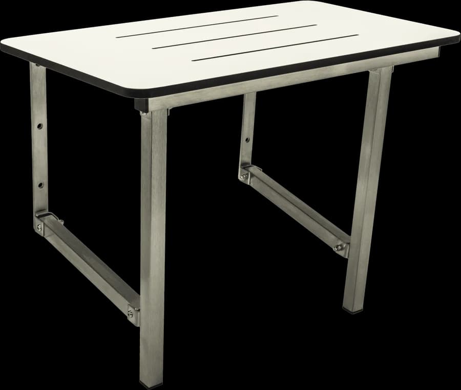 A fold-down shower seat with a slatted white seat on a stainless steel frame