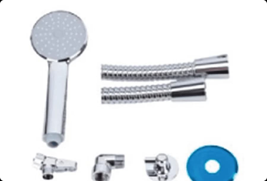 A low-pressure handheld shower kit with a hose and fittings