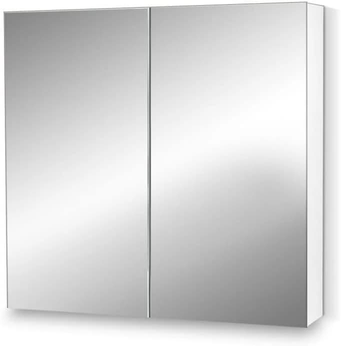 A wall-mounted mirror cabinet with two mirrored doors