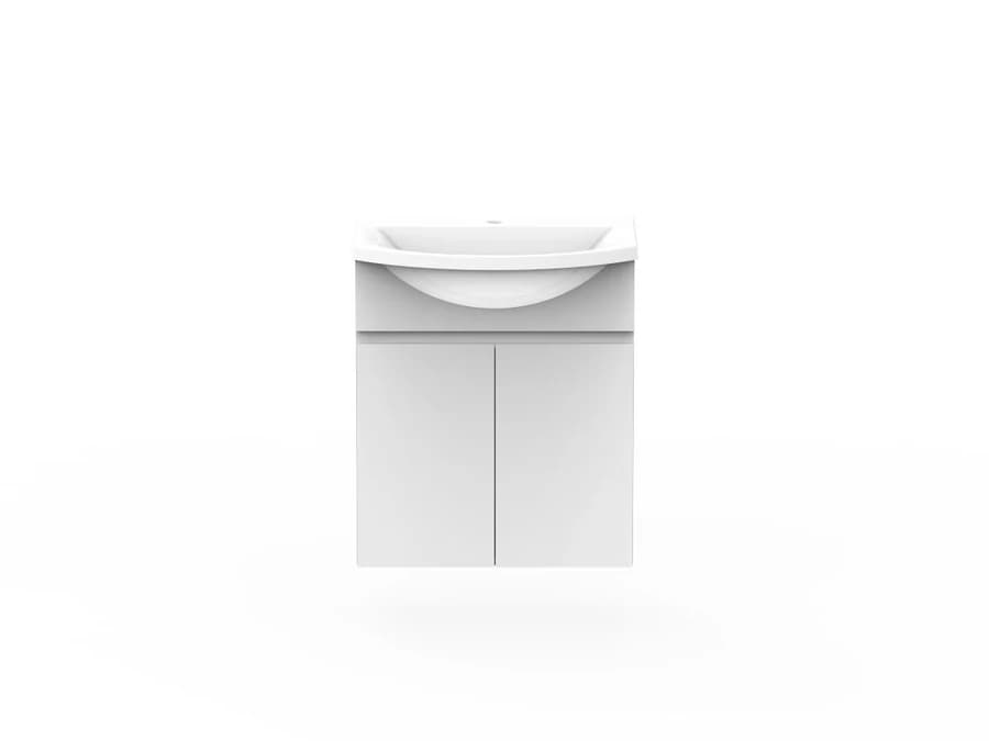 A white wall-hung semi-recessed vanity, 600mm wide