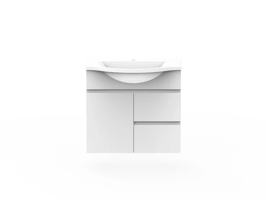 A white wall-hung semi-recessed vanity, 750mm wide