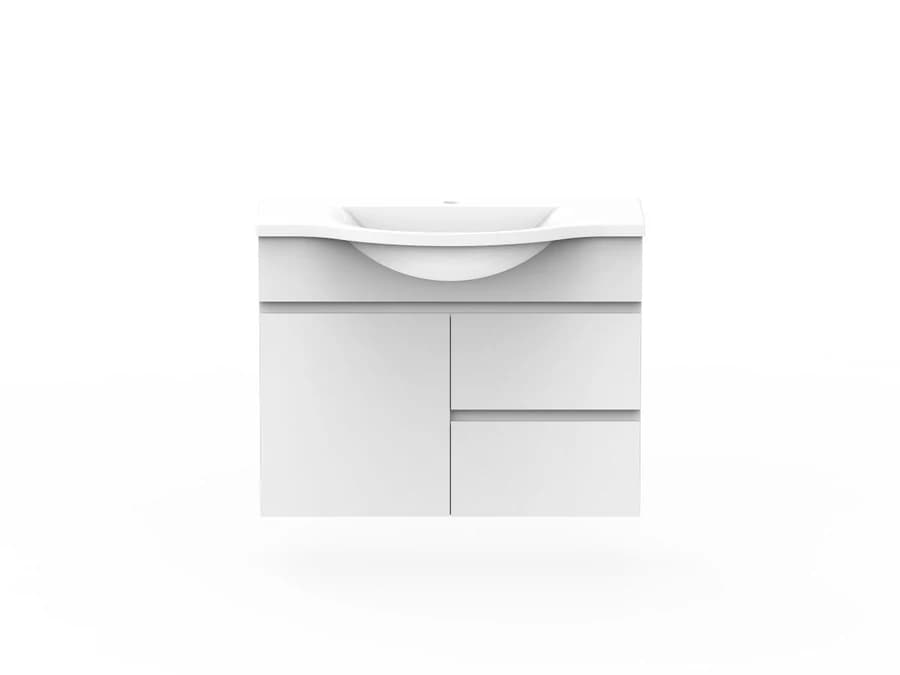 A white wall-hung semi-recessed vanity, 900mm wide