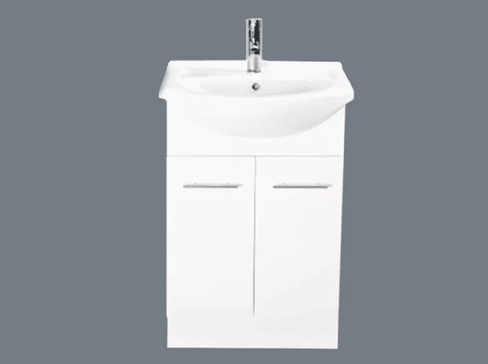 A white semi-recessed vanity with two doors