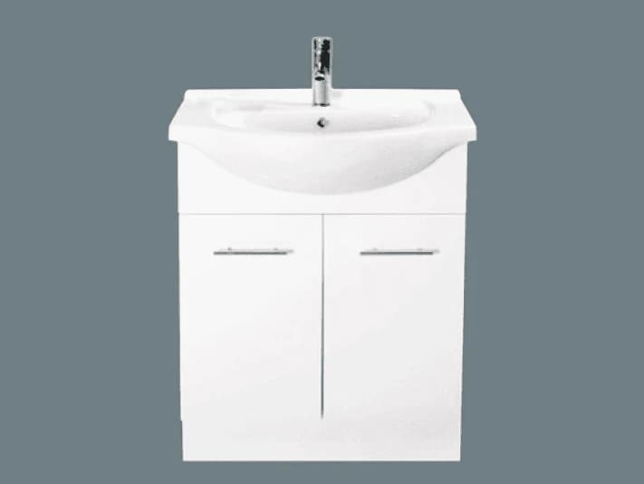 A white semi-recessed vanity with two doors and a ceramic top