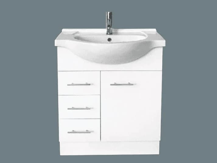 A white semi-recessed vanity with doors and drawers