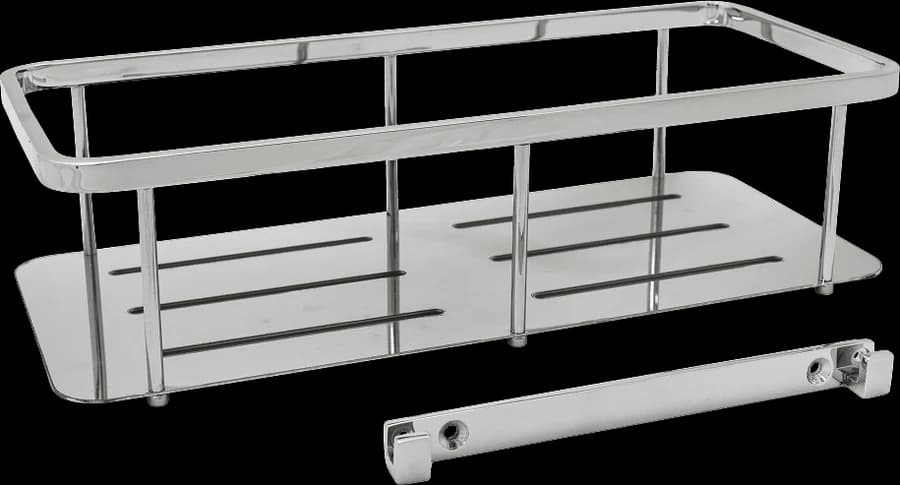 A wall-mounted chrome shower basket