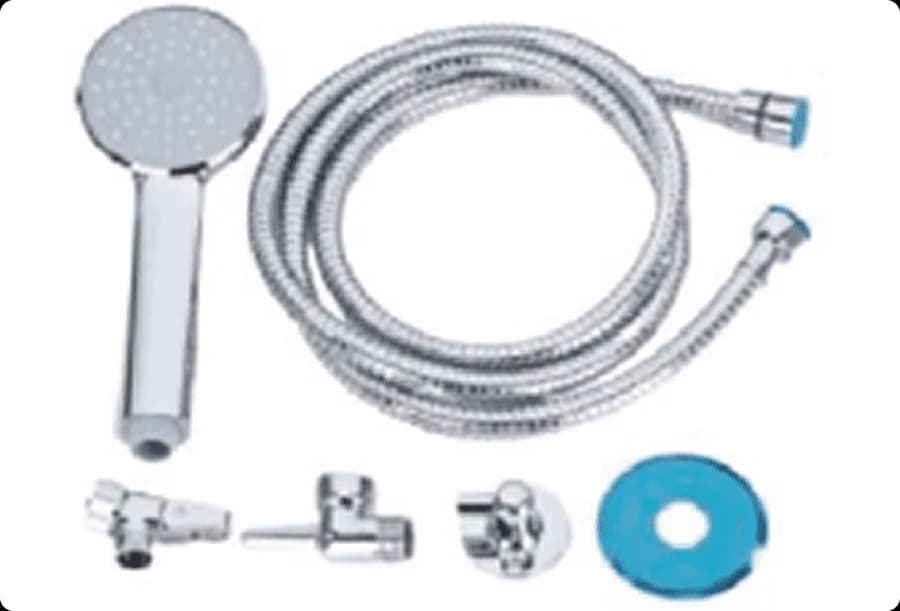 A handheld shower kit with a hose, rail bracket, and fittings