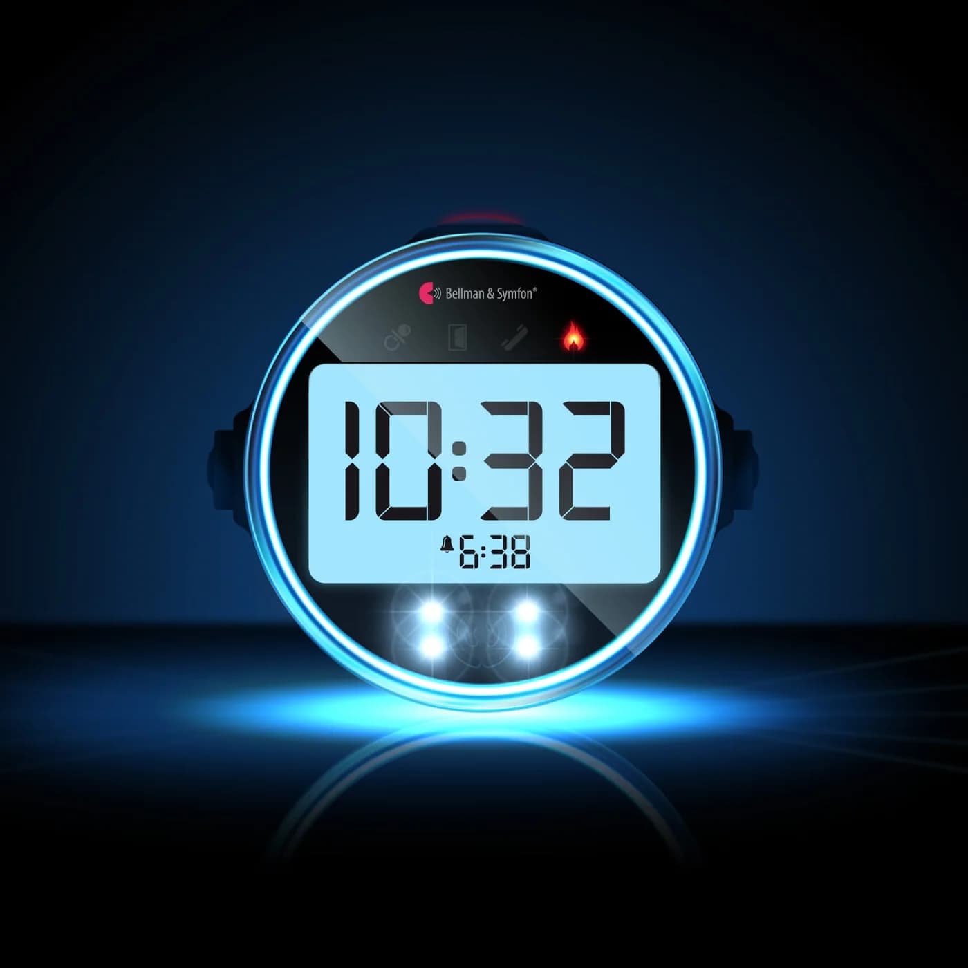 A Bellman Visit alarm clock glowing blue in the dark, showing the time and alarm time
