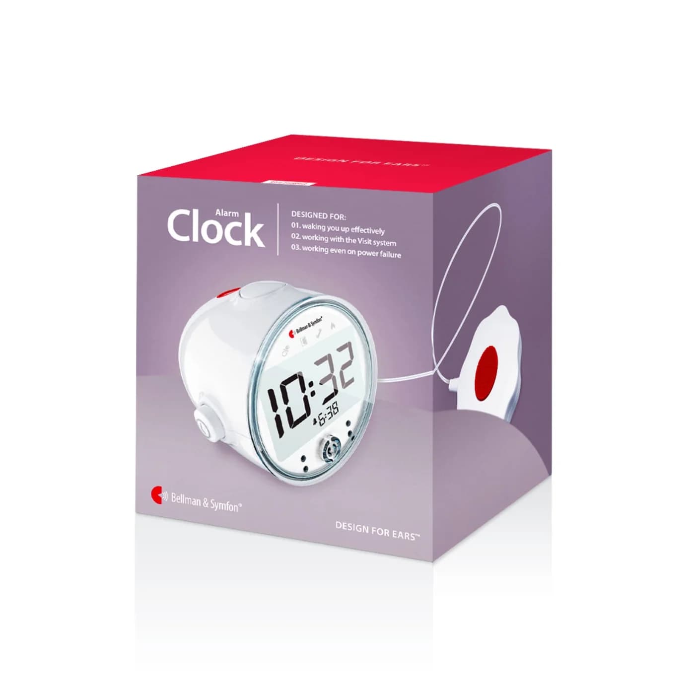 A Bellman Visit alarm clock and bed shaker in front of the retail box they come in