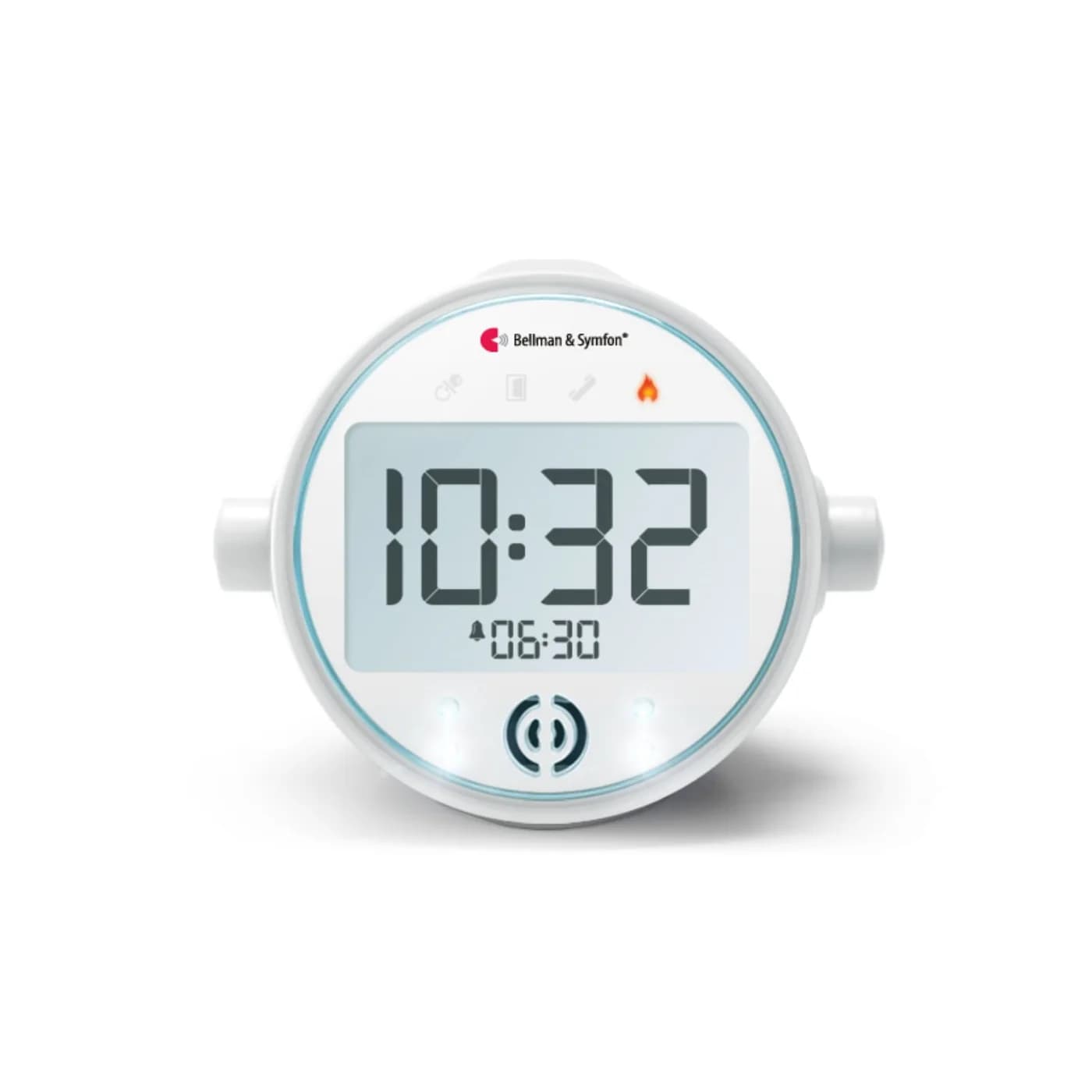 A white Bellman Visit alarm clock with a large digital display