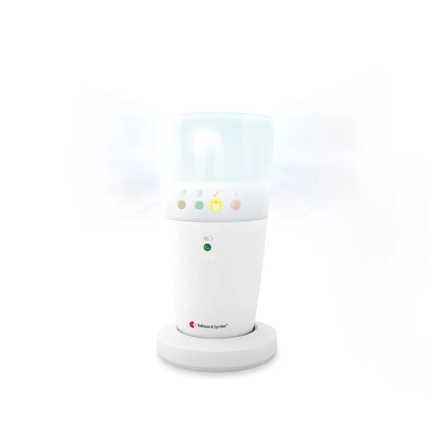 A white Bellman Visit flash receiver with its top light glowing and coloured indicator lights on the front