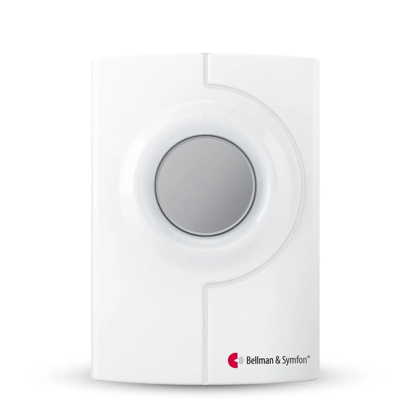 A white Bellman wireless doorbell push button with a large grey button