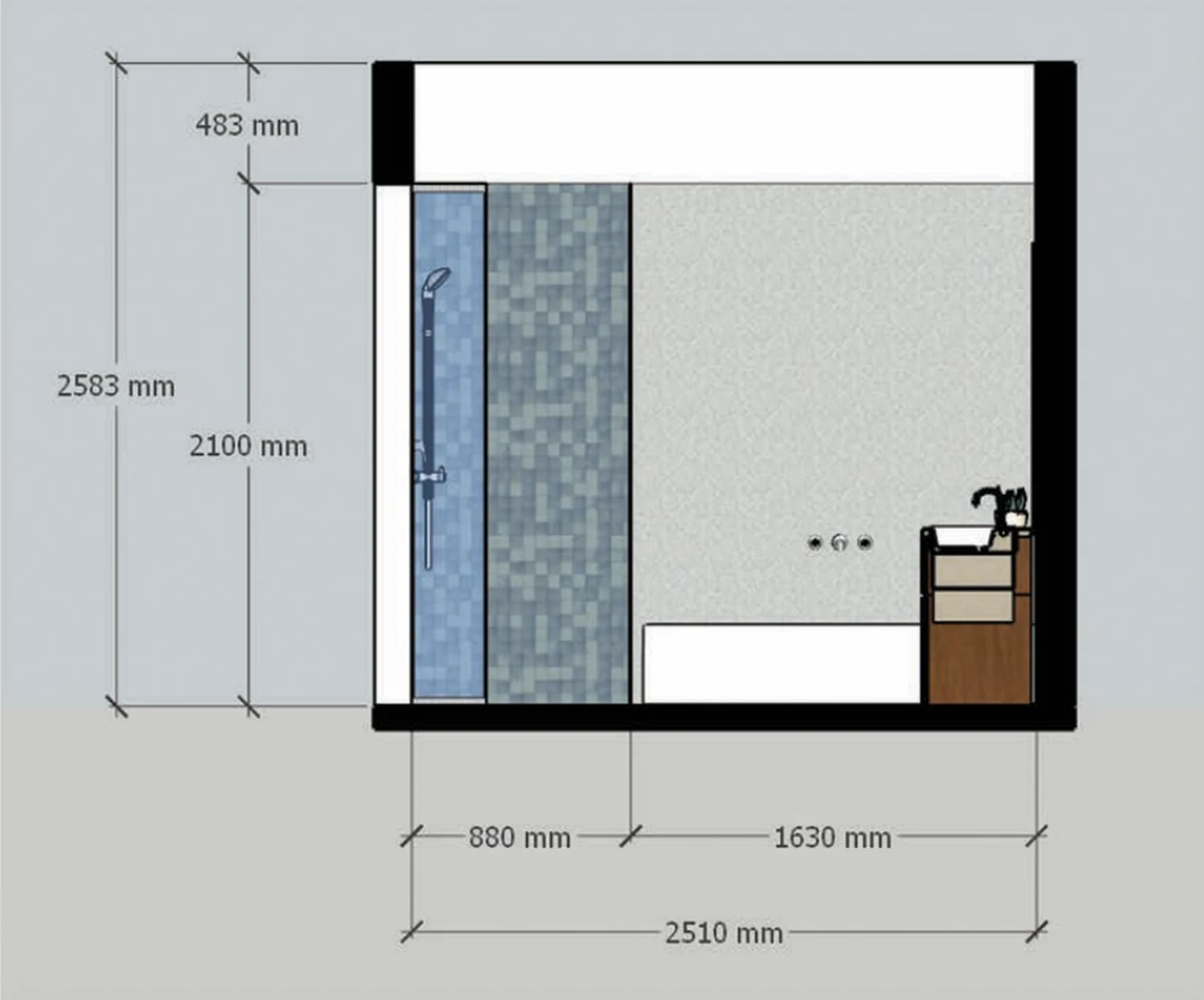 A dimensioned elevation drawing of a bathroom wall, showing the bath, the vanity, and the tiled shower recess beside them