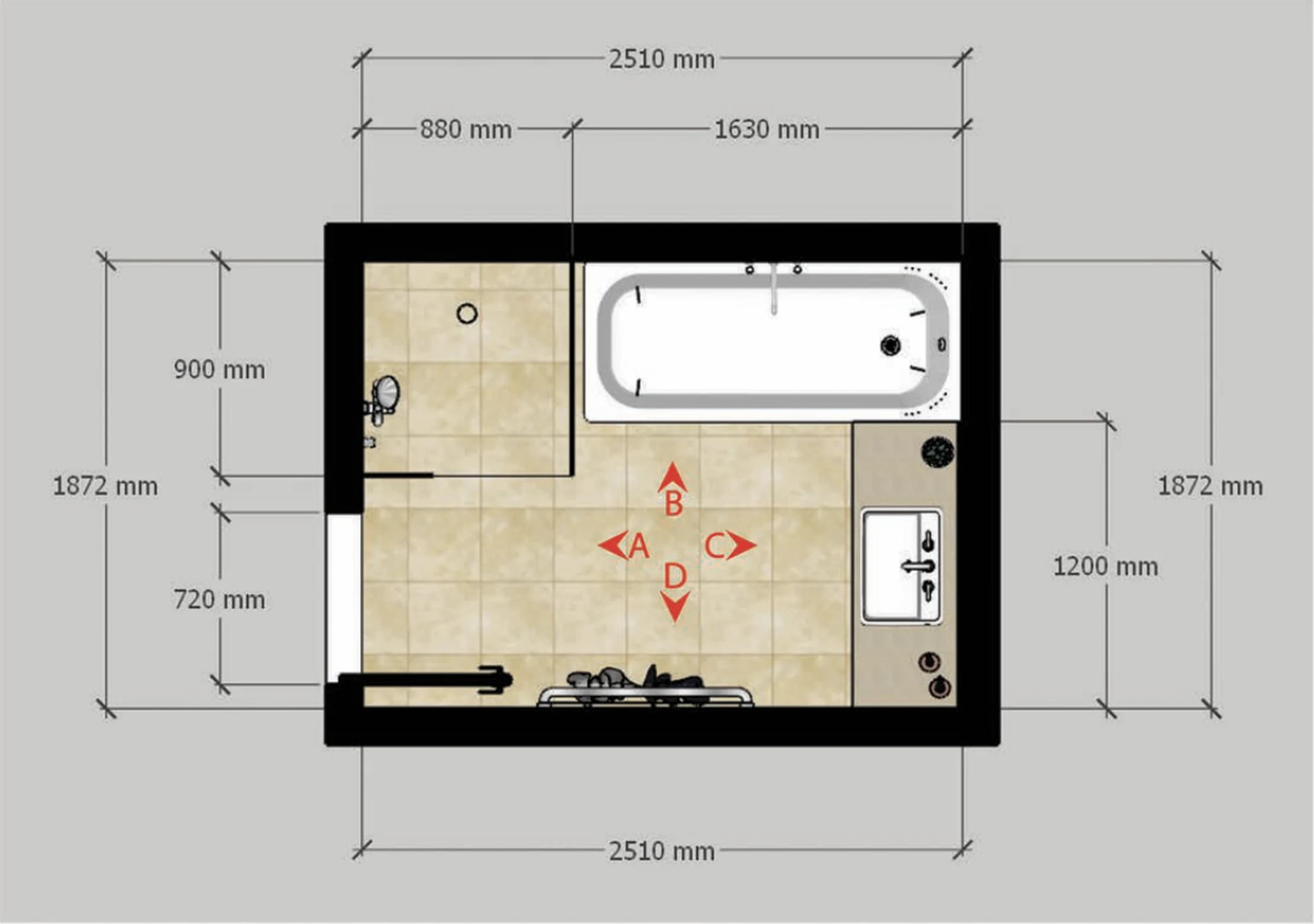 A dimensioned floor plan of a bathroom showing the bath, shower, vanity, and door, with wall lengths marked in millimetres