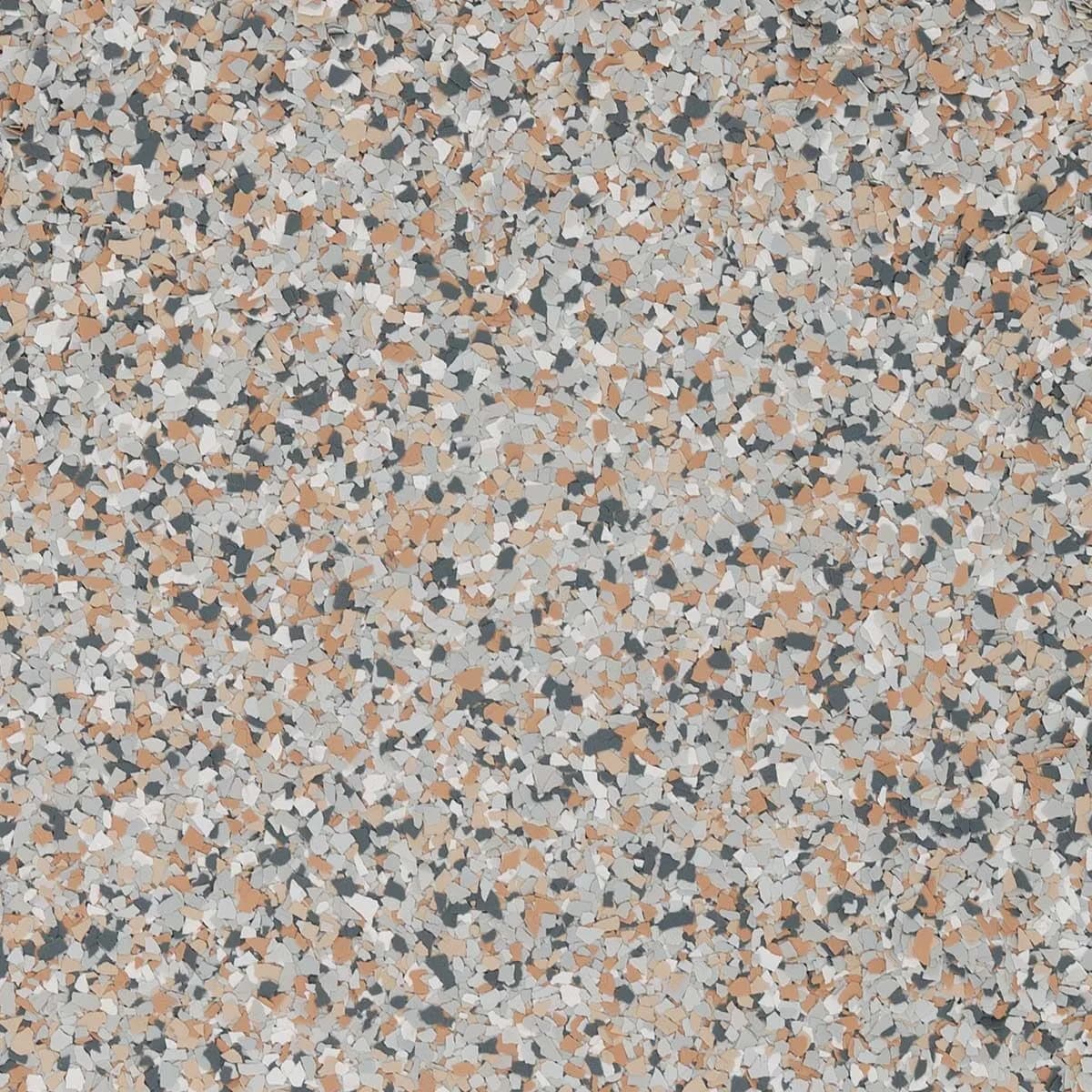A terrazzo-look vinyl in warm sand tones flecked with grey and rust