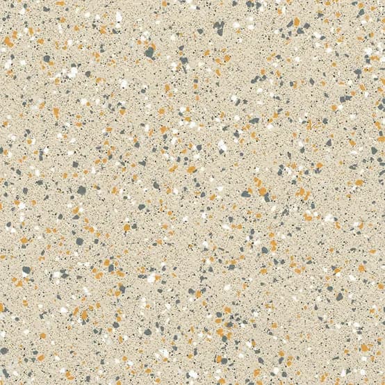 A terrazzo-look vinyl in cream flecked with amber and grey