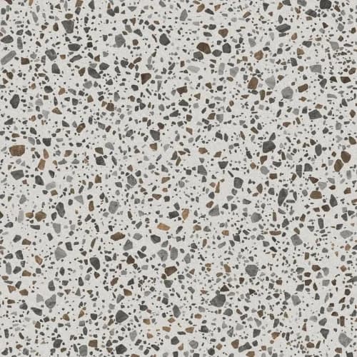 A terrazzo-look vinyl in pale grey flecked with brown and charcoal
