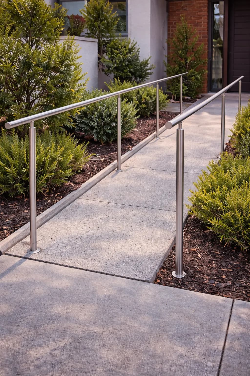 Stainless steel handrails running alongside a concrete path through a landscaped garden