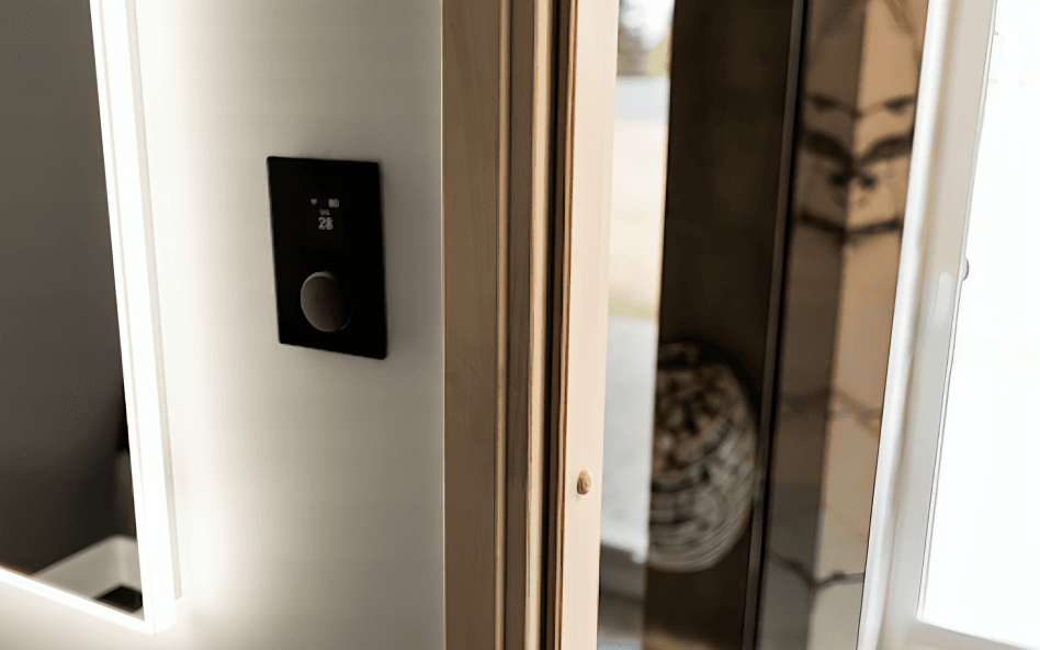 A wall-mounted keypad entry unit beside the frame of an open door in a modern home