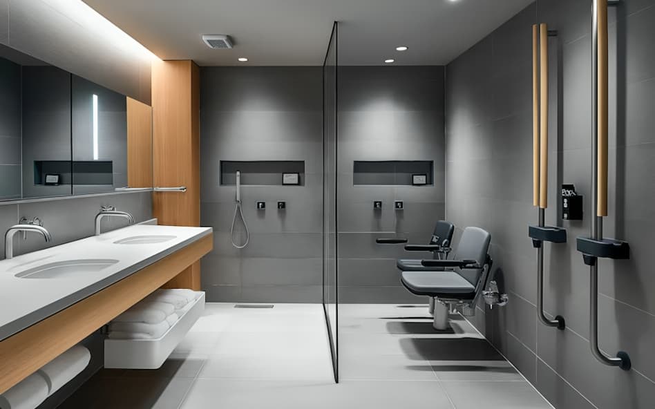 A dark-tiled accessible bathroom with twin wall-hung basins, long horizontal grab bars, and a fold-down shower seat